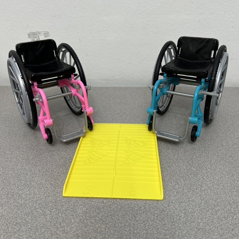 Mattel Barbie Lot Of 2 WHEELCHAIRS,‎ Pink & Teal With Yellow Ramp 2018